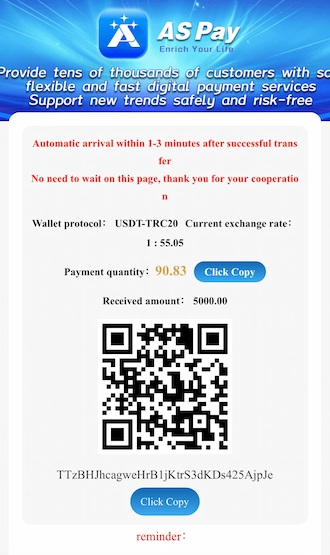 Step 2: Open your USDT wallet and scan the QR Code to transfer funds