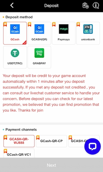 Step 2: Next, select the GCash deposit method and choose a payment channel